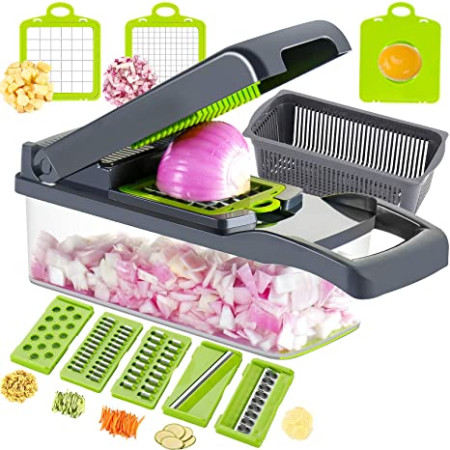 16 in 1 Multifunction Vegetable Cutter with Squre Basket – Portable Chopper, Shredder & Grater for Quick Meal Prep